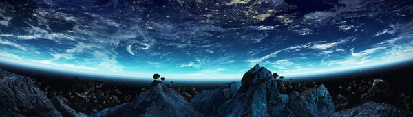 Панорамный Вид Планеты Земля Полет Астероидов Закрыть Пространство Визуализации Элементов — стоковое фото