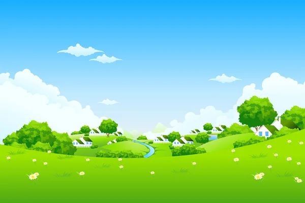 Зеленый пейзаж с домами — стоковый вектор